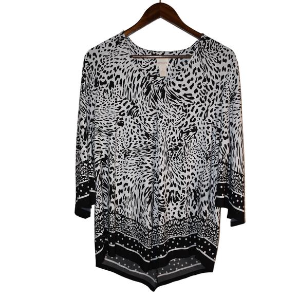 Chicos Dotted Black Animal Asymmetrical Top Size 2 - Picture 2 of 5